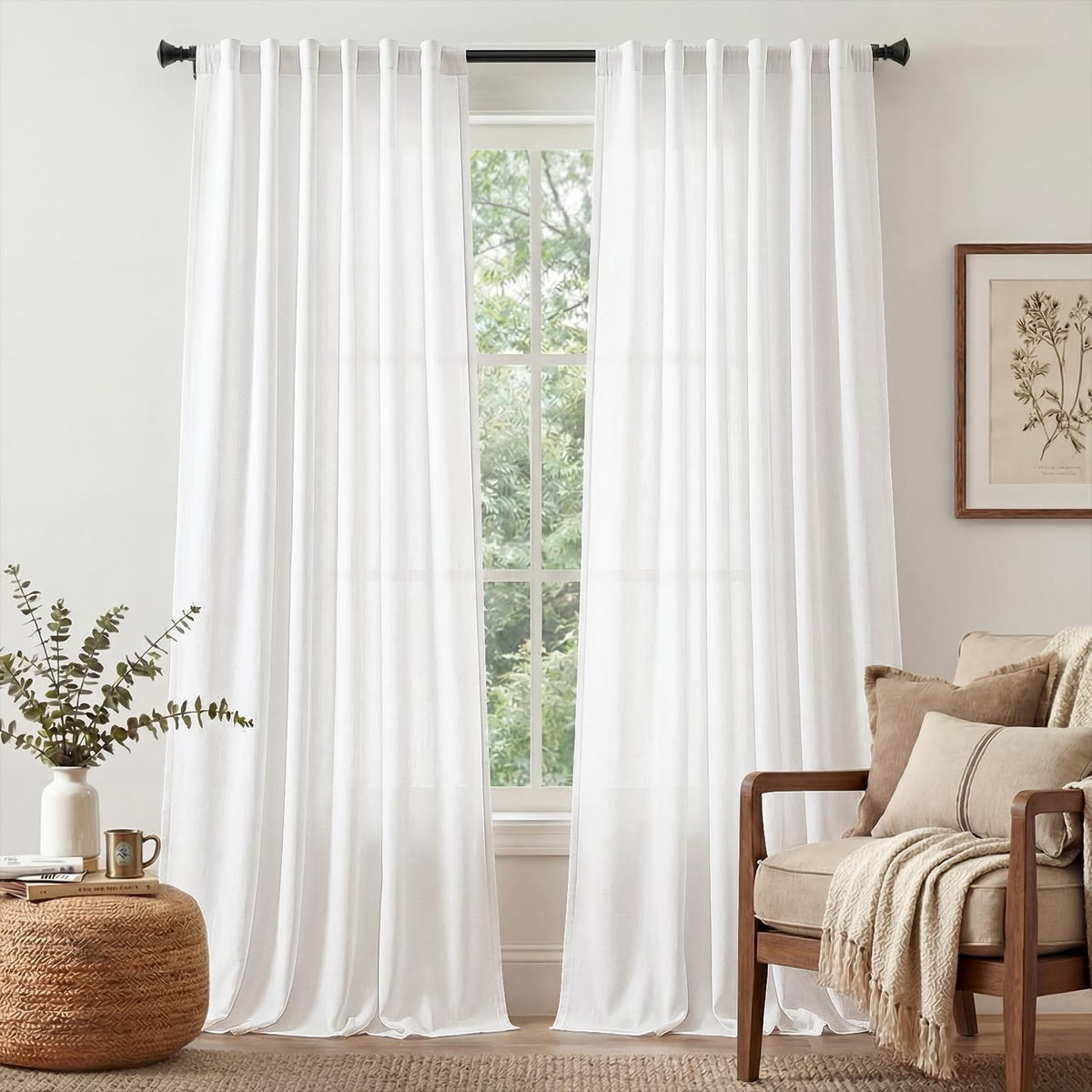 jinchan Linen Curtains Light Filtering Back Tab 50x96 Inch 2 Panels Beige