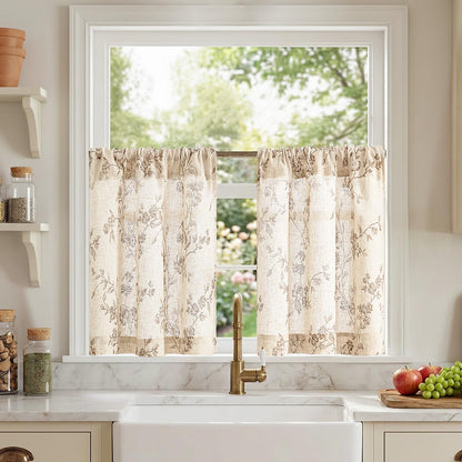 Lazzzy Taupe Vintage Floral Linen Curtains Farmhouse 50W X 84L 2 Panels