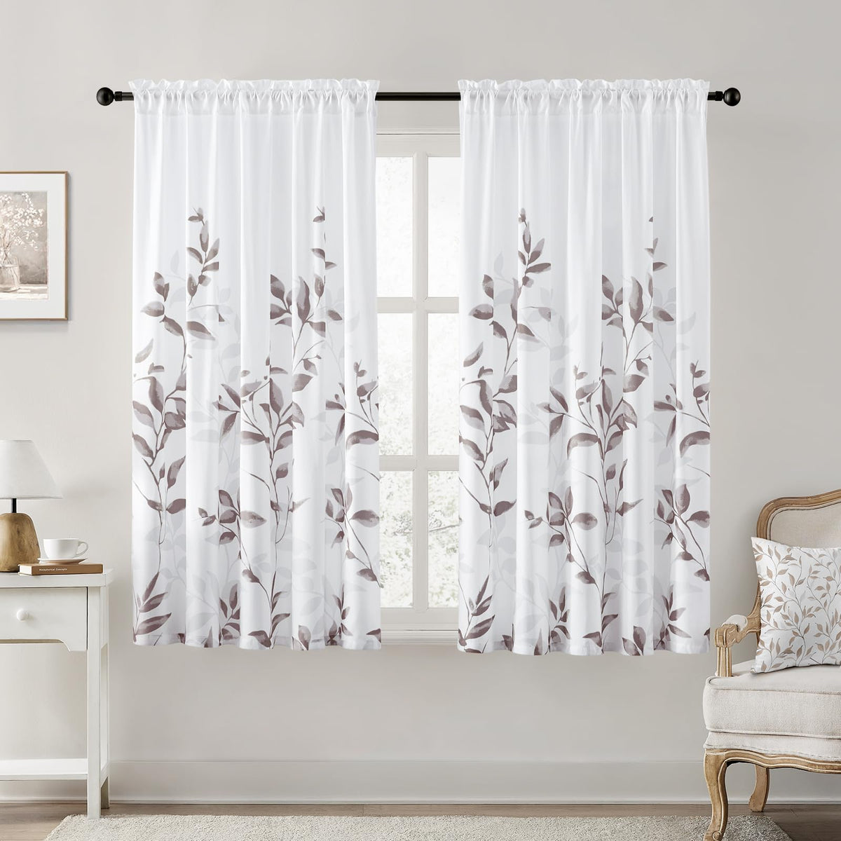 HOMEIDEAS Light Grey and White Privacy Sheer Curtains, 52X63 Inch, 2 Panels