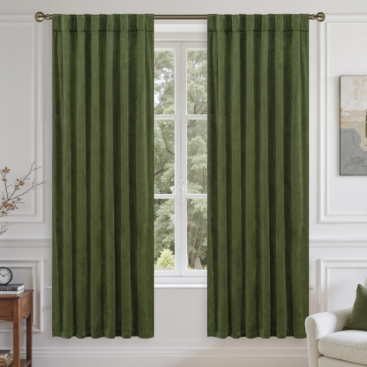 LAMIT Olive Green Velvet Curtains 84 Inch Length for Living Room, 2 Panels