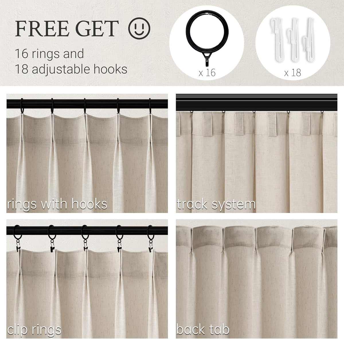 Topfinel Oatmeal Beige Pinch Pleated Curtains 84 Inches Long for Living Room 2 Panels Sets,Stone Washed Linen Earth Tone Decor Back Tab Boho Neutral Greige Earthy Sheer Curtain for Bedroom