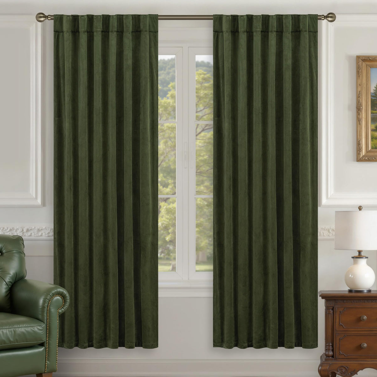 LAMIT Olive Green Velvet Curtains 84 Inch Length for Living Room, 2 Panels