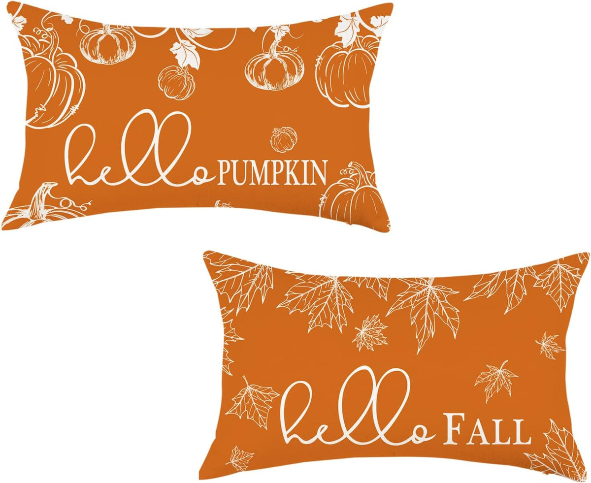 ONWAY Fall Throw Pillow Covers 12x20 Set of 2 Hello Fall Pumpkin Orange