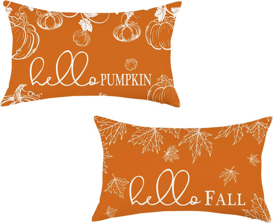 ONWAY Fall Throw Pillow Covers 12x20 Set of 2 Hello Fall Pumpkin Orange
