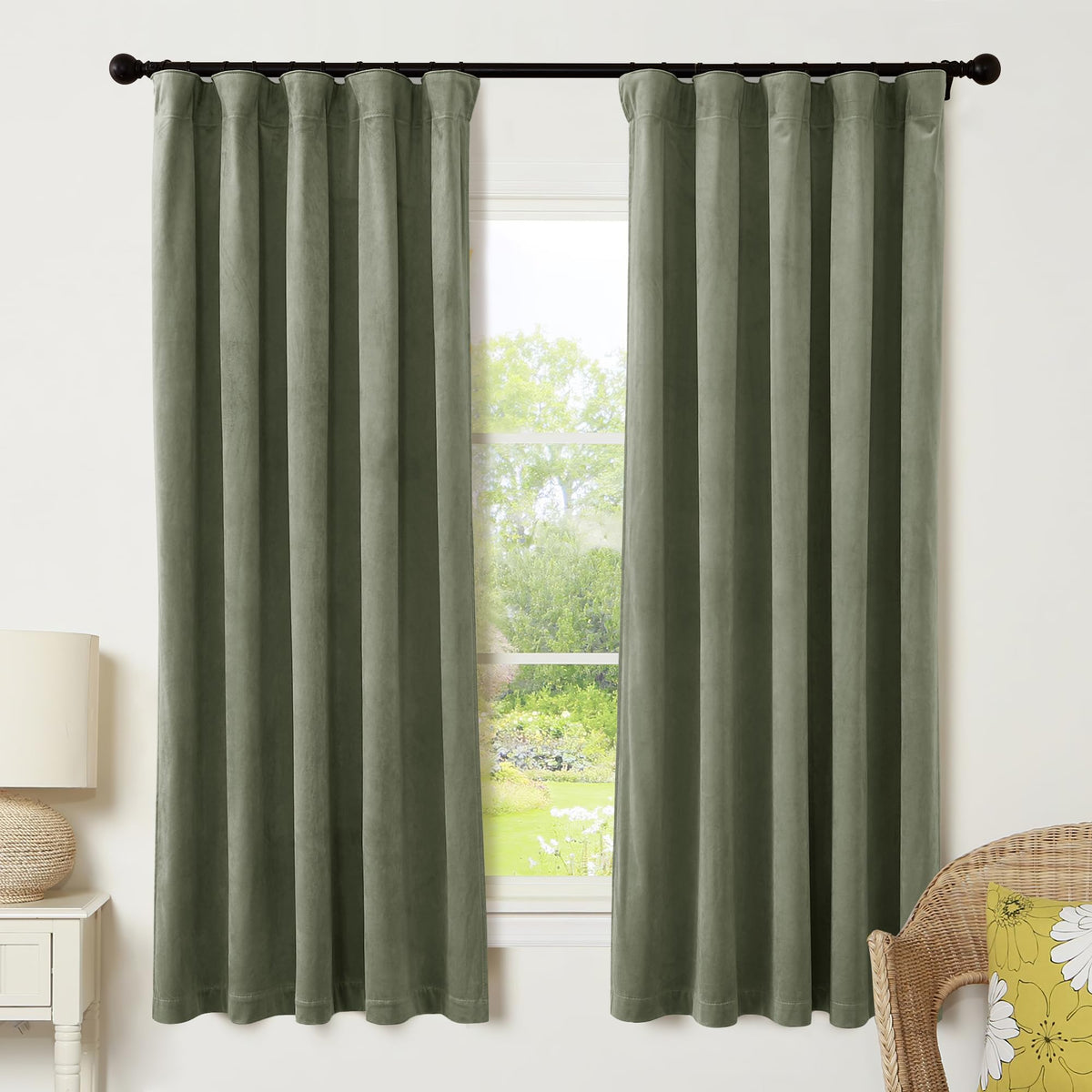 RYB HOME Sage Green Velvet Curtains 84 inches for Bedroom Living Room