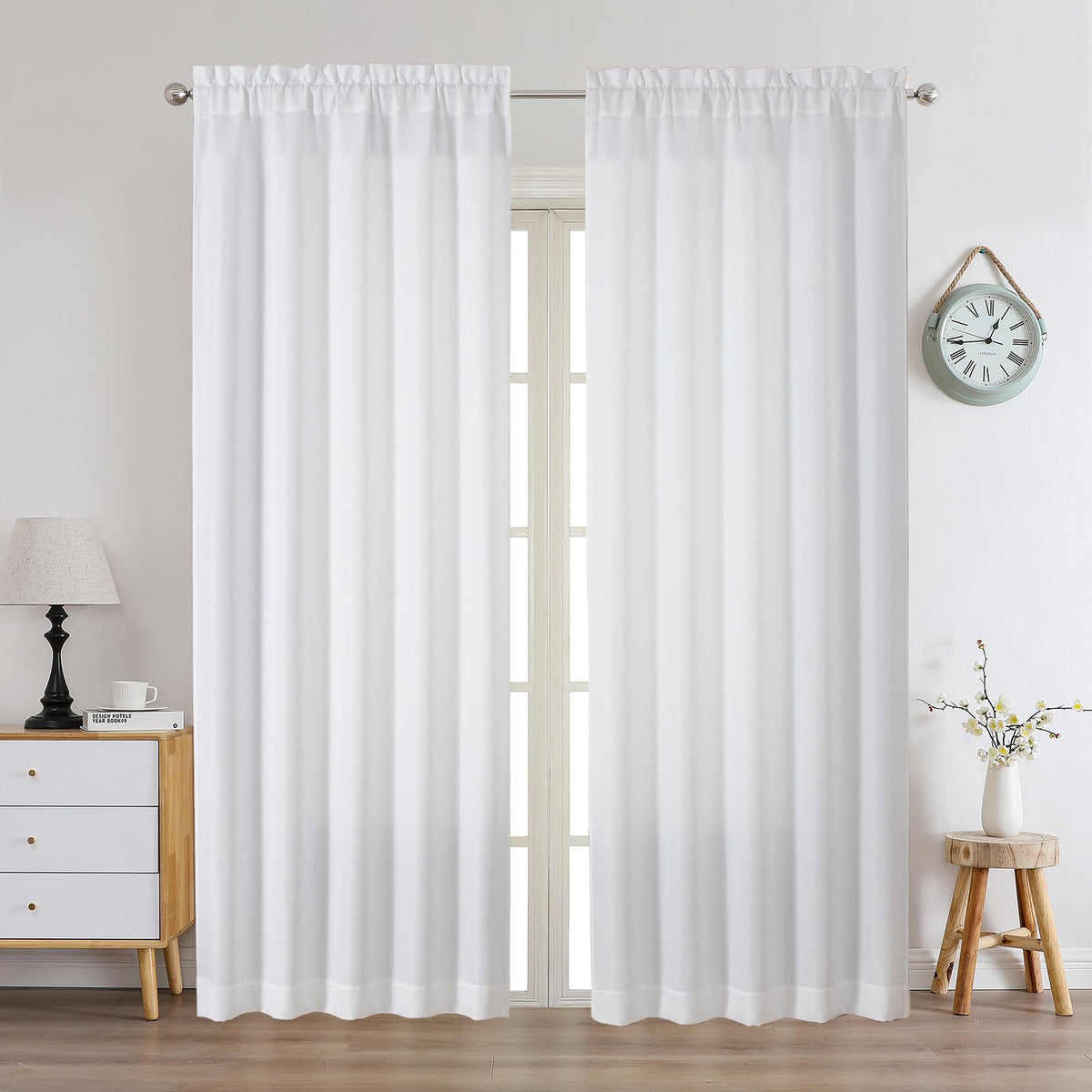Chyhomenyc White Curtains 45 Inch Length 2 Panels, Faux Linen Textured