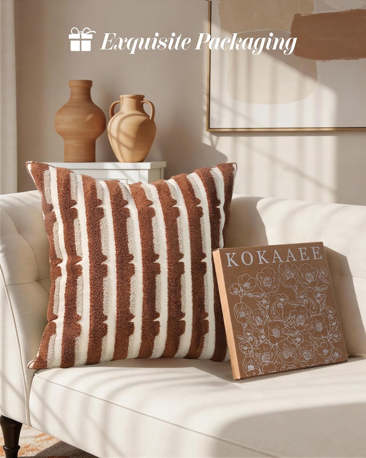 Fall Embroidered Throw Pillow Cover 18x18 Inch, Brown Striped