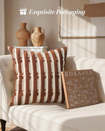 Fall Embroidered Throw Pillow Cover 18x18 Inch, Brown Striped