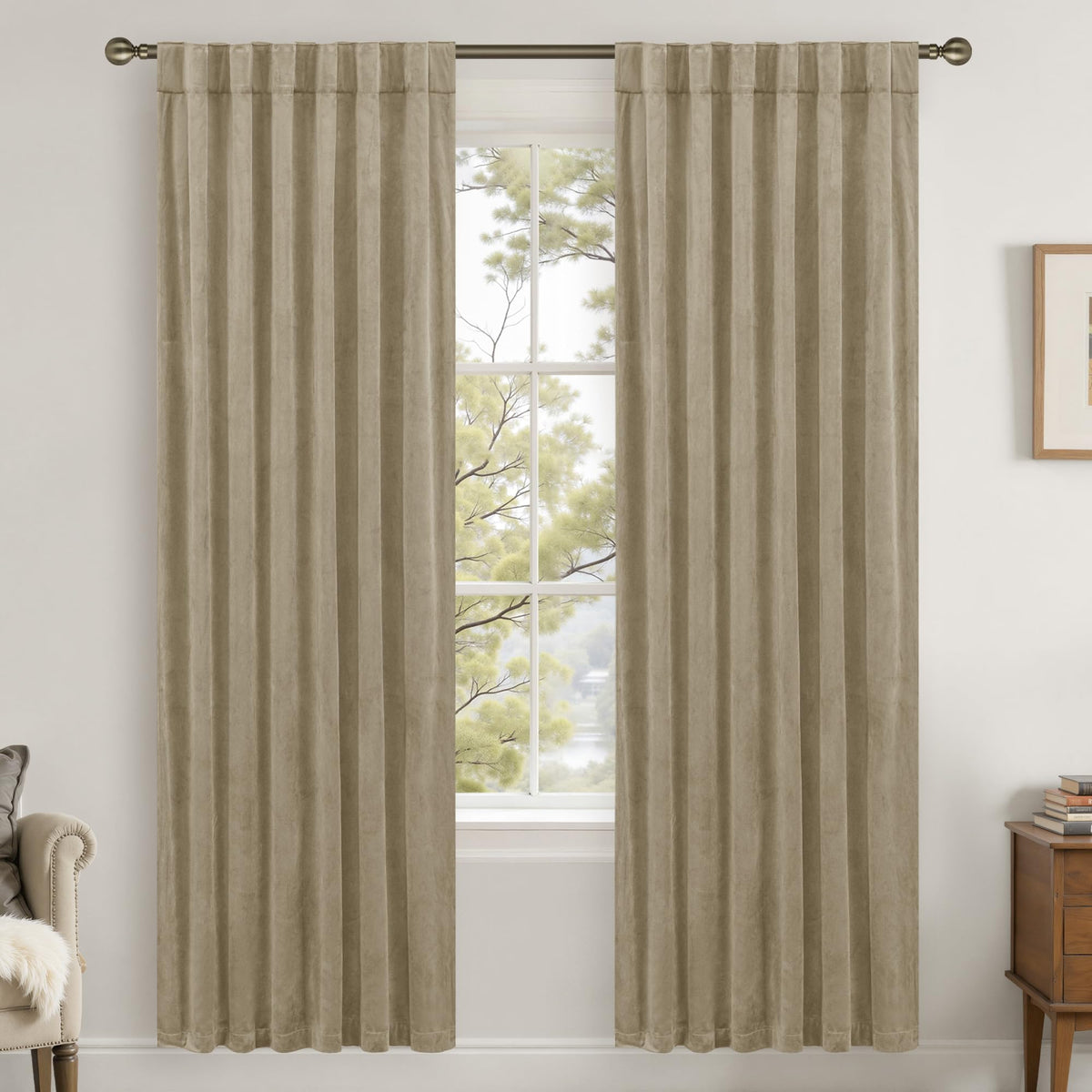 LAMIT Olive Green Velvet Curtains 84 Inch Length for Living Room, 2 Panels