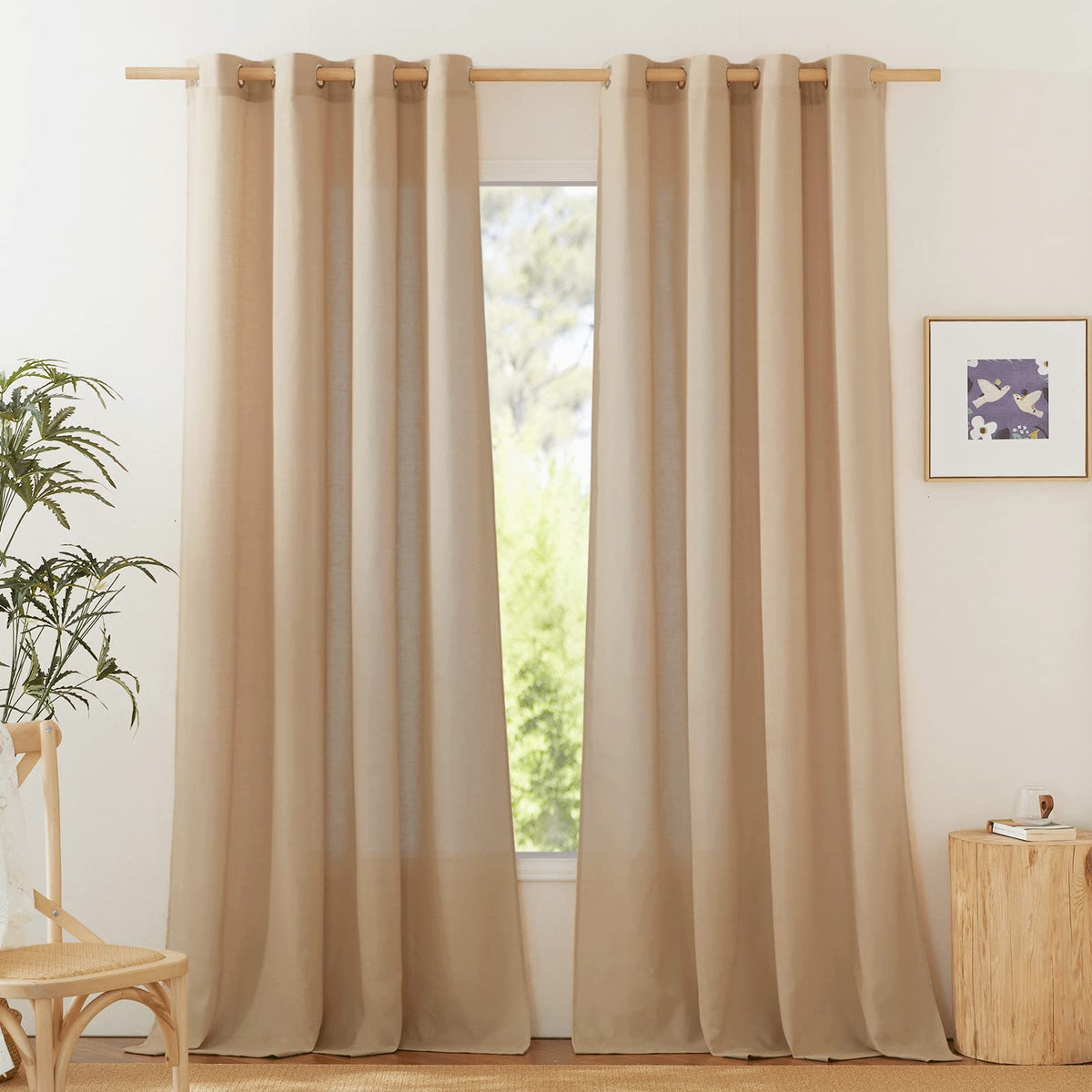 NICETOWN Natural Linen Curtains 84 inch Long 2 Panels Set, Grommet Top Thick Linen Burlap Semi Sheer Vertical Drapes Privacy Assured with Light Filtering for Bedroom/Living Room, W55 x L84