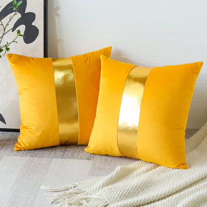 Artscope Black Velvet Throw Pillow Covers with Gold Leather Stitching Luxury Modern Minimalist Square Pillowcase Cushion Covers for Bed Couch Sofa 18x18Inch Set of 2