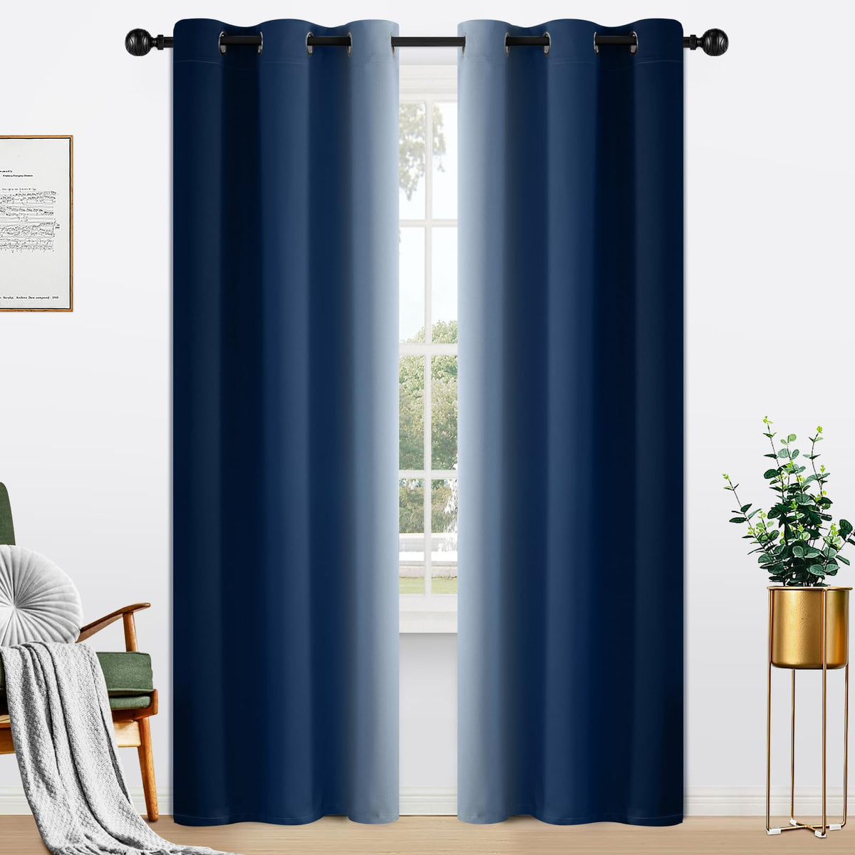 Yakamok Ombre Curtains Blue and Greyish White for Living Room,52Wx84L