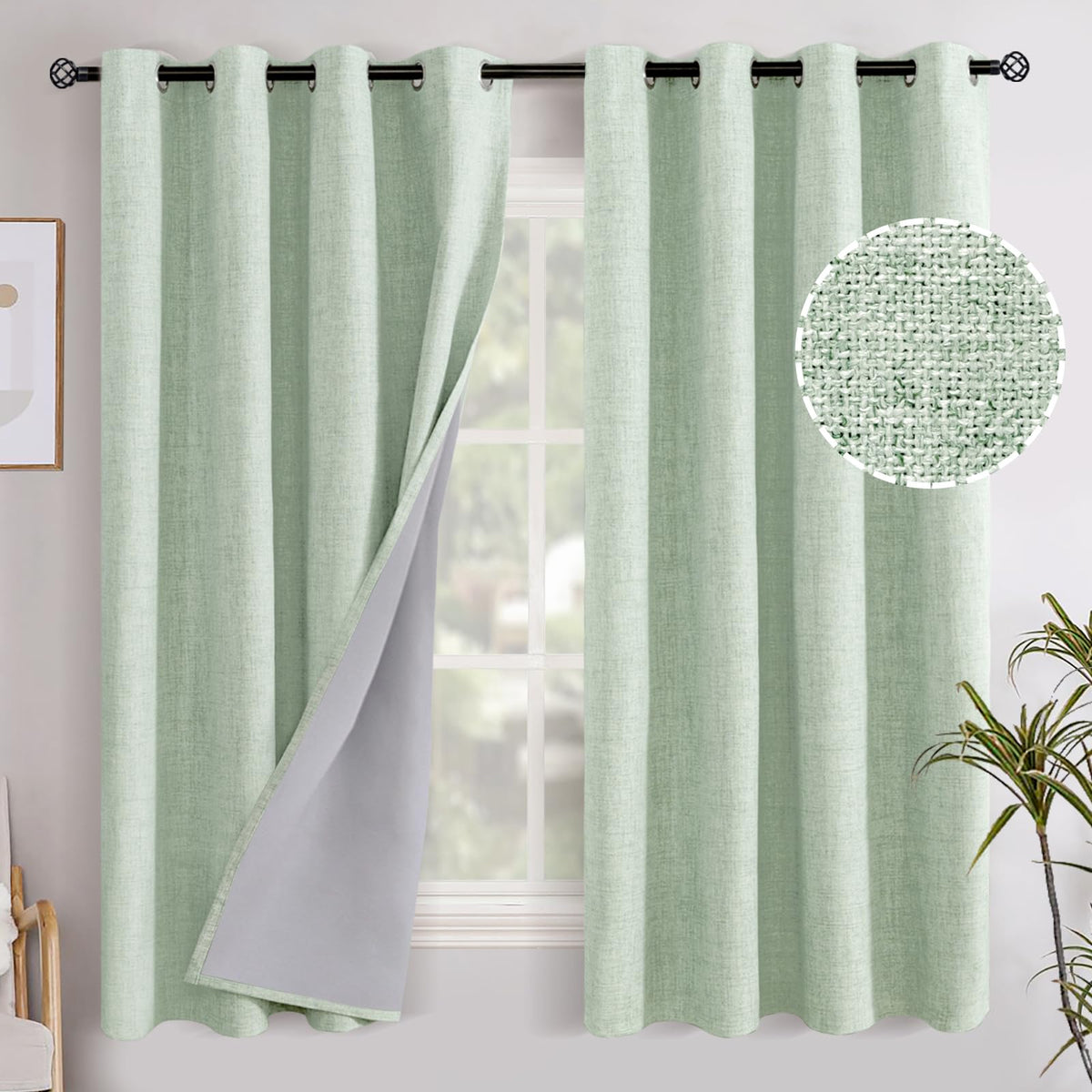 YoungsTex Linen Blackout Curtains 63 Inch Length Bedroom Beige Darkening