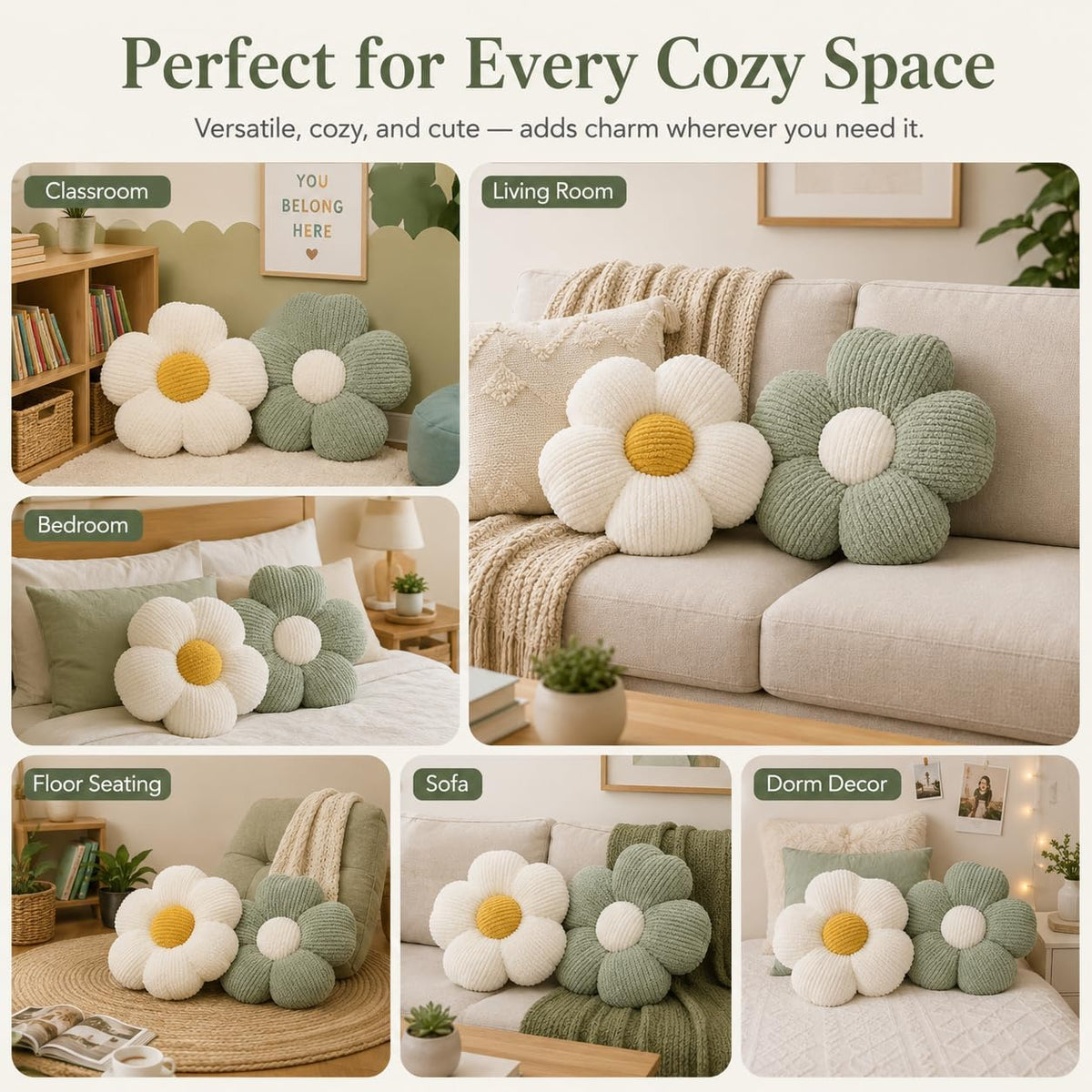2 Pcs Flower Pillow, 15''Soft Cute Daisy Decorative Pillows Floor Seating Cushion for Bed Couch Bedroom Room Dorm Home Decor & Gift (Sage Green & Ivory)