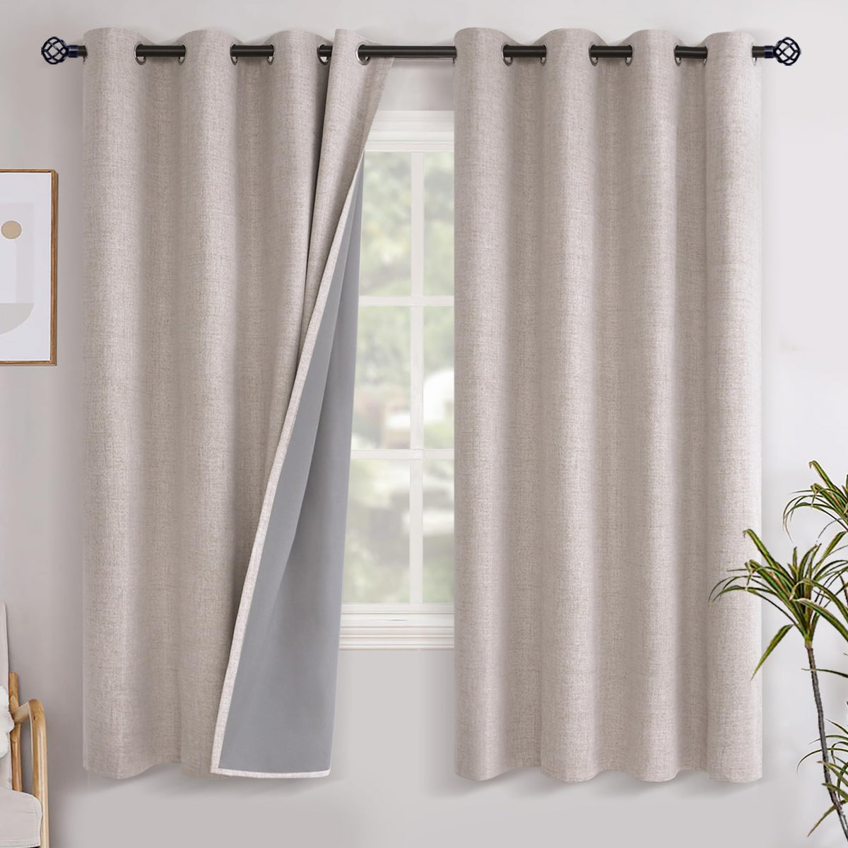 YoungsTex Linen Blackout Curtains 63 Inch Length Bedroom Beige Darkening
