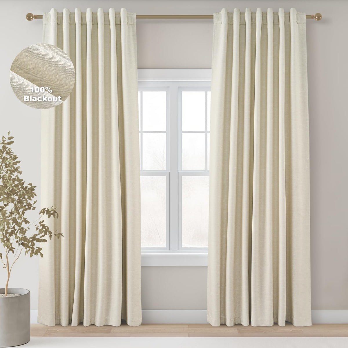 Topfinel Cream Ivory Blackout Curtains & Drapes 84 Inch Length, Beige Pinch Pleat Full Blackout Flax Linen Tab Top Soundproof Curtains with Hooks Rings for Bedroom Living Room Track 2 Panels Set