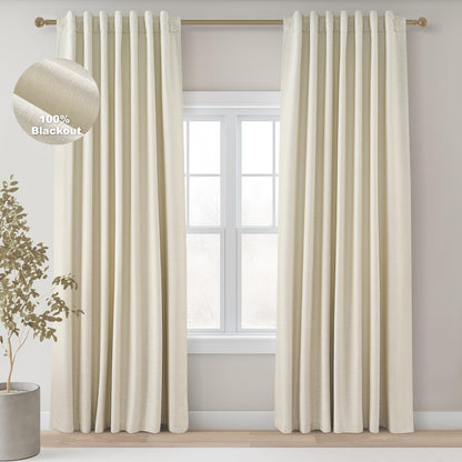 Topfinel Cream Ivory Blackout Curtains & Drapes 84 Inch Length, Beige Pinch Pleat Full Blackout Flax Linen Tab Top Soundproof Curtains with Hooks Rings for Bedroom Living Room Track 2 Panels Set