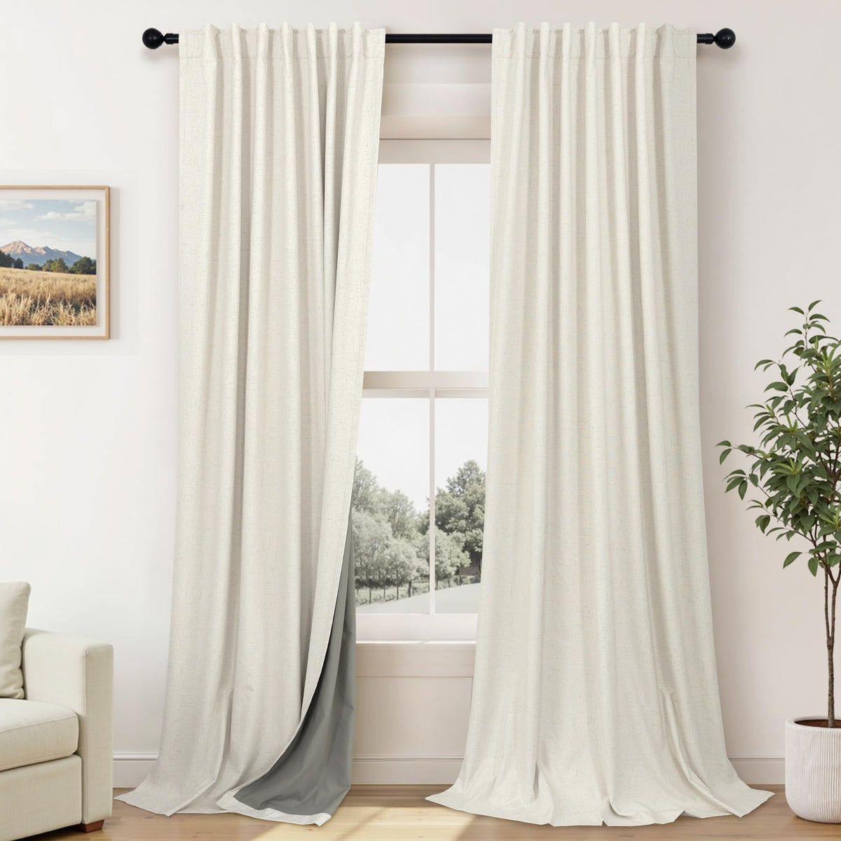 100% Blackout Curtains 84 Inch Length 2 Panels Set Neutral Boho Linen Farmhouse for Bedroom Windows Living Room Darkening Thermal Insulated Drapes Natural Cream Ivory 7ft Long Back Tab Pleated Pocket