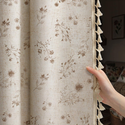 Boho Floral 100% Blackout Curtains 84 Inch 2 Panels Linen Texture