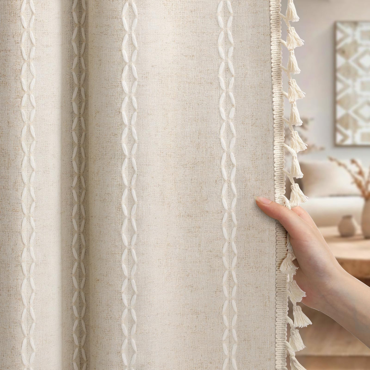 Boho 100% Blackout Curtains 84 Inch 2 Panels Linen Blend Beige