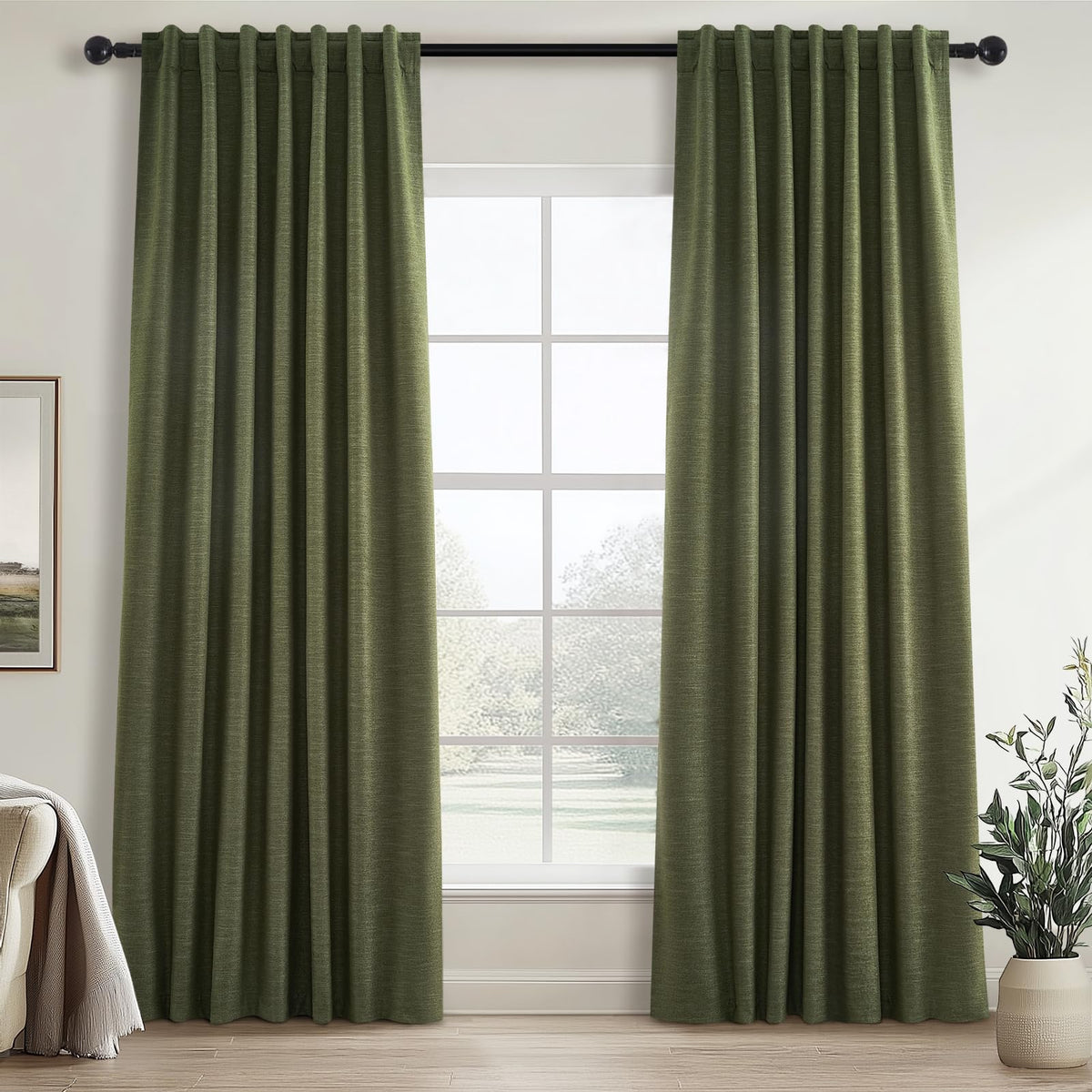 Topfinel Cream Ivory Blackout Curtains & Drapes 84 Inch Length, Beige Pinch Pleat Full Blackout Flax Linen Tab Top Soundproof Curtains with Hooks Rings for Bedroom Living Room Track 2 Panels Set