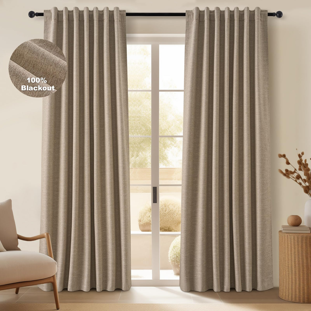 Topfinel Cream Ivory Blackout Curtains & Drapes 84 Inch Length, Beige Pinch Pleat Full Blackout Flax Linen Tab Top Soundproof Curtains with Hooks Rings for Bedroom Living Room Track 2 Panels Set
