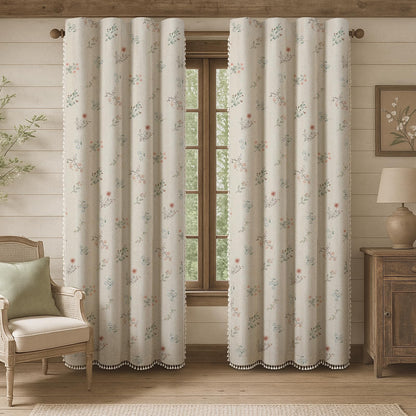 Boho Floral 100% Blackout Curtains 84 Inch 2 Panels Linen Texture