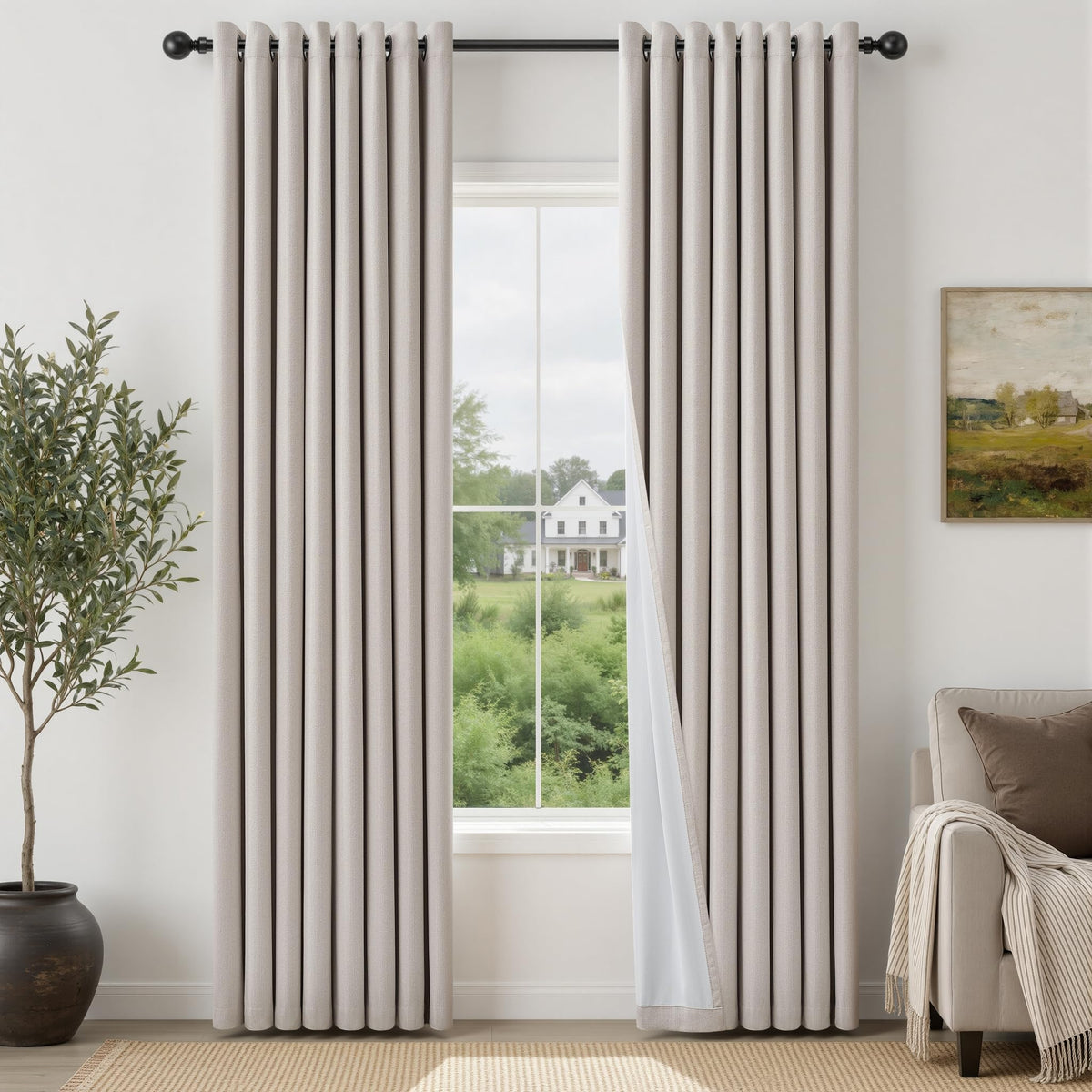 Natural Ivory 100% Blackout Grommet Linen Curtains 90 Inch Long 2 Panels