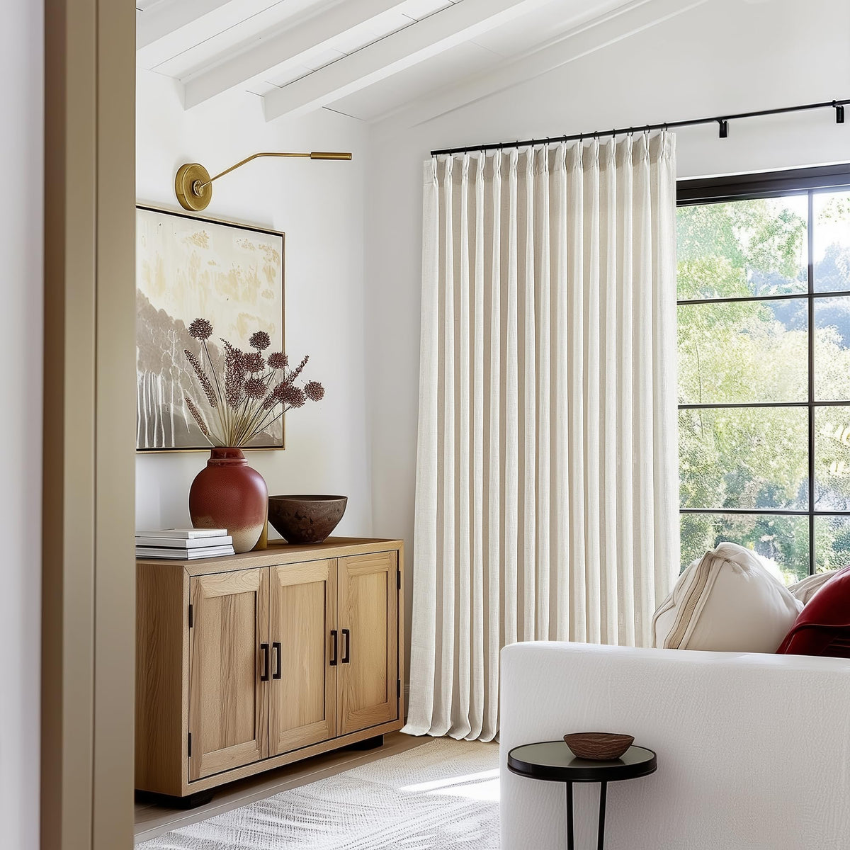 TWODRAPES Natural Pinch Pleated Linen Semi Sheer 84 Inch Curtains 2 Panels
