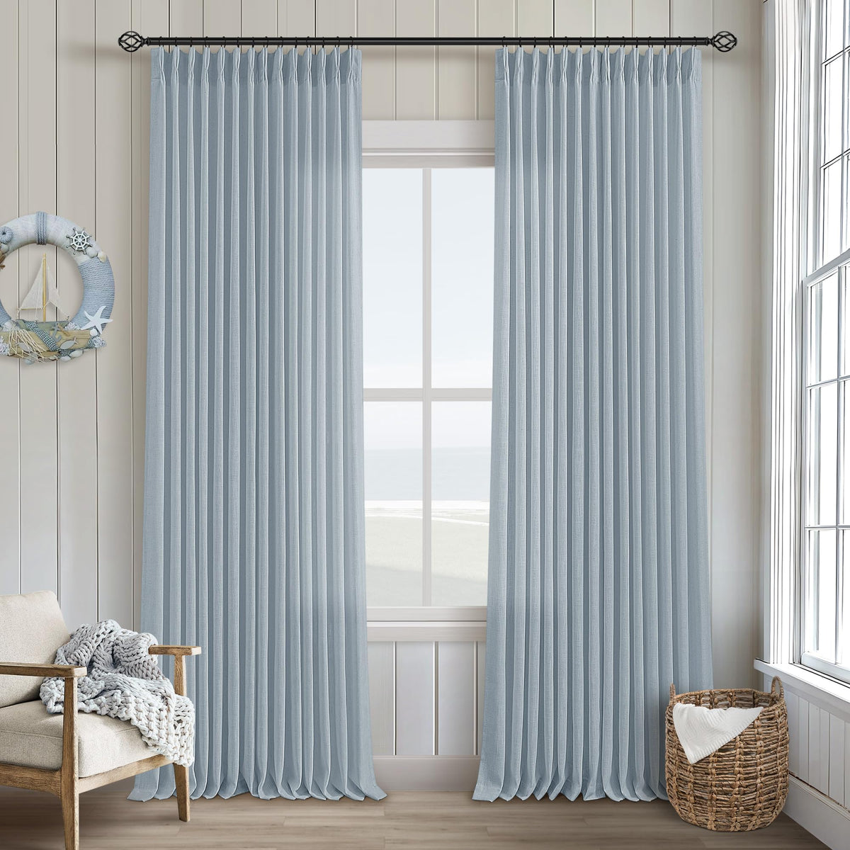 TWODRAPES Natural Pinch Pleated Linen Semi Sheer 84 Inch Curtains 2 Panels