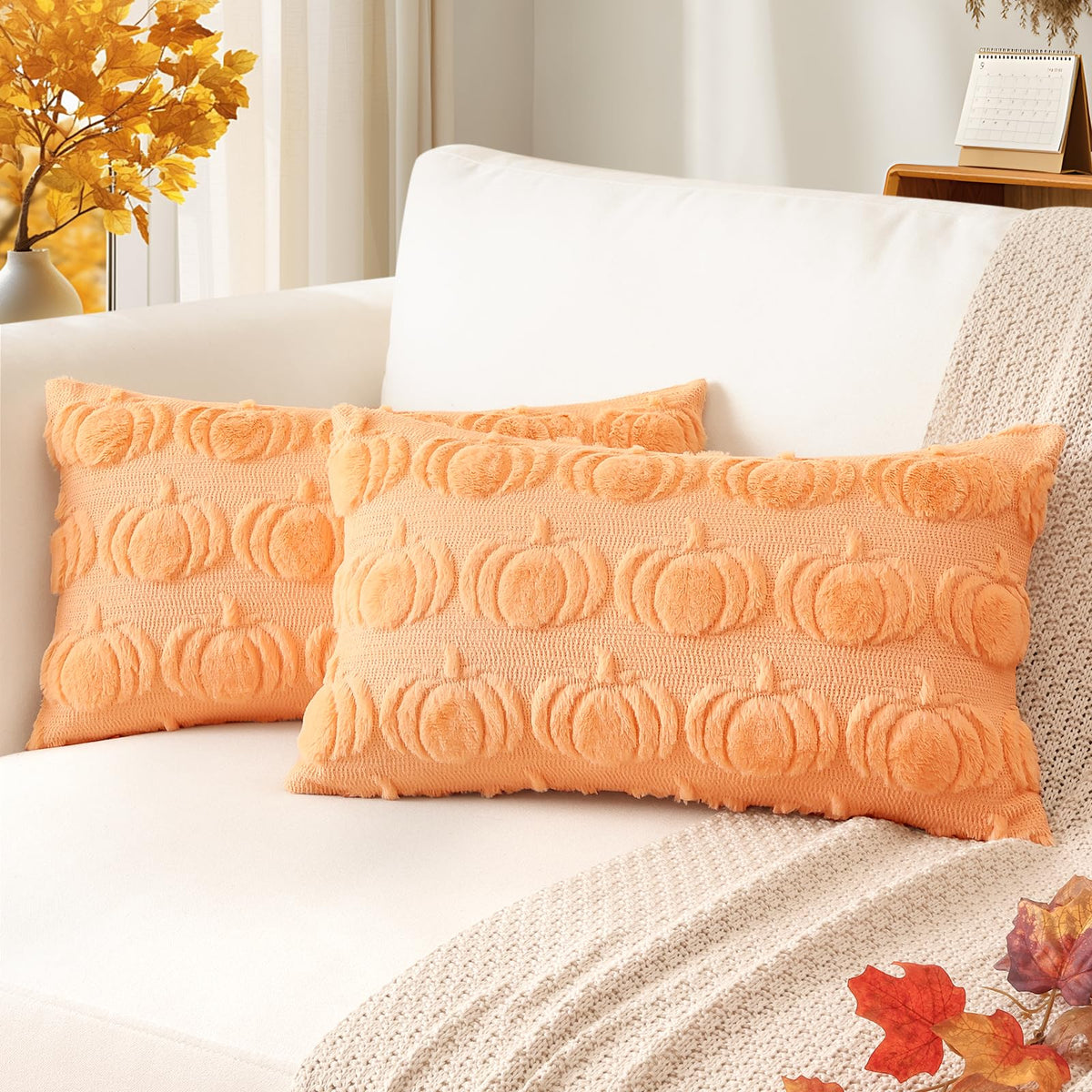 Artscope Fall Pillow Covers 18 x 18 Set of 2 Decorative Autumn Harvest Holiday Pumpkin Throw Pillow Cases Soft Plush Faux Fur Couch Cushion Case for Farmhouse Halloween Sofa Bed Room Home Decor-Rust
