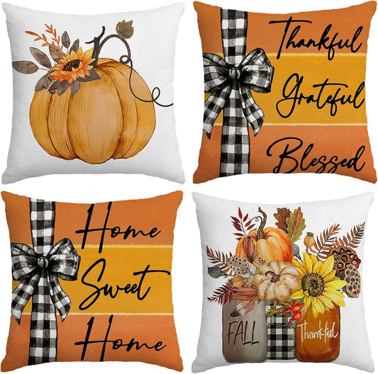 Fall Pillow Covers 18x18 Set of 4 Rustic Indoor Outdoor Decorations Fall Decor for Home Orange Throw Pillow Covers,Thankful Grateful Linen Autumn Cushion Case for Sofa Couch Chair Bedroom