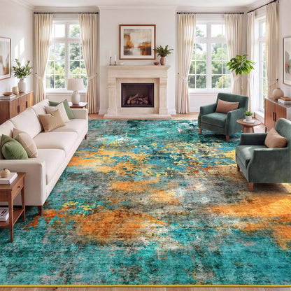 8x10 Area Rug for Living Room, Abstract Washable Non-Slip Large Rugs, Gold