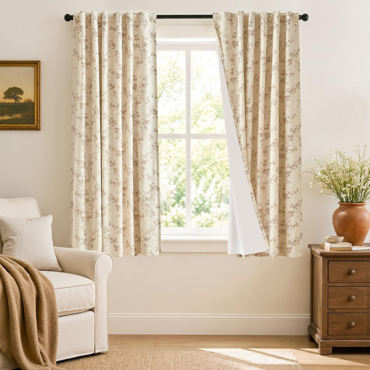 Lazzzy Taupe Vintage Floral Linen Curtains Farmhouse 50W X 84L 2 Panels