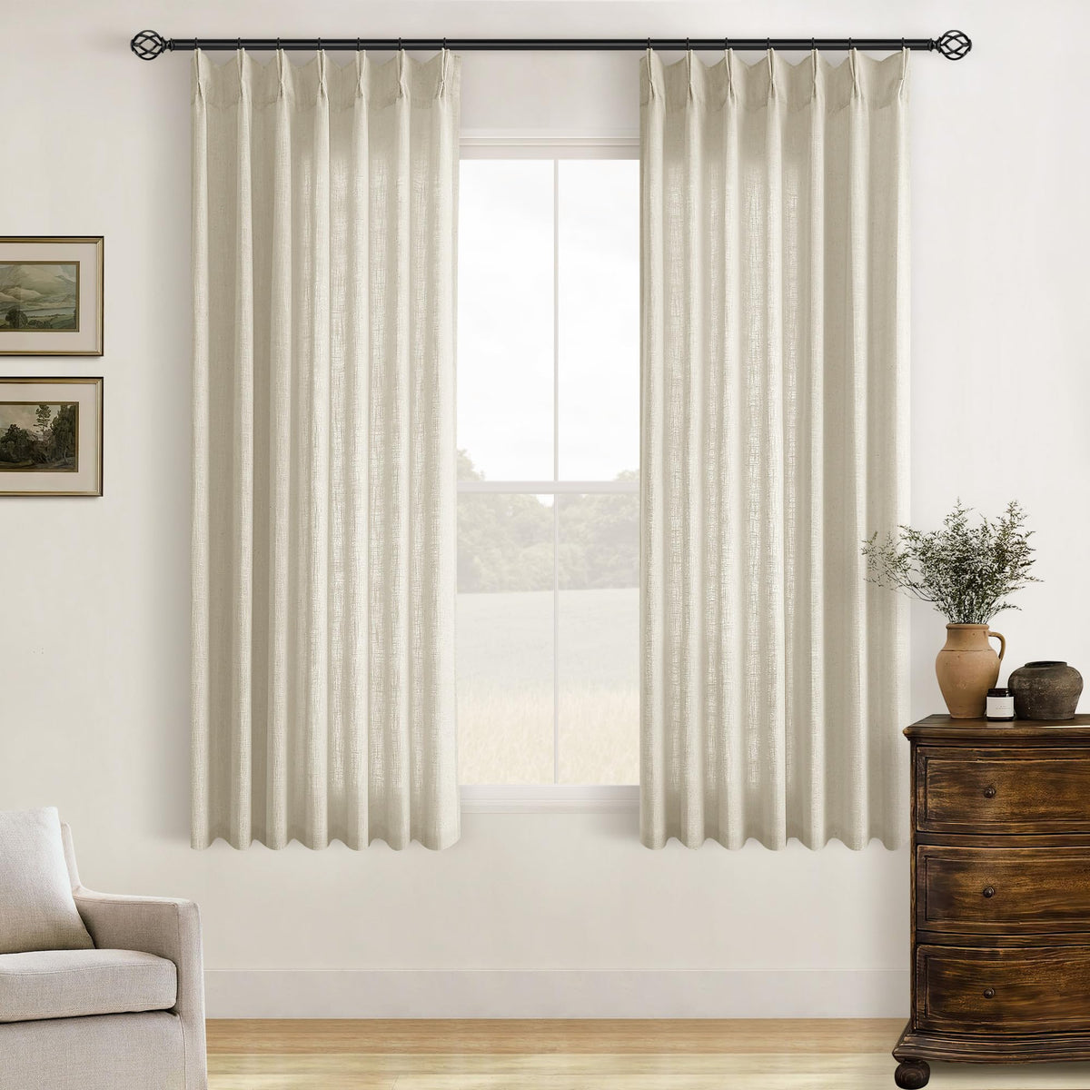 TWODRAPES Natural Pinch Pleated Linen Semi Sheer 84 Inch Curtains 2 Panels
