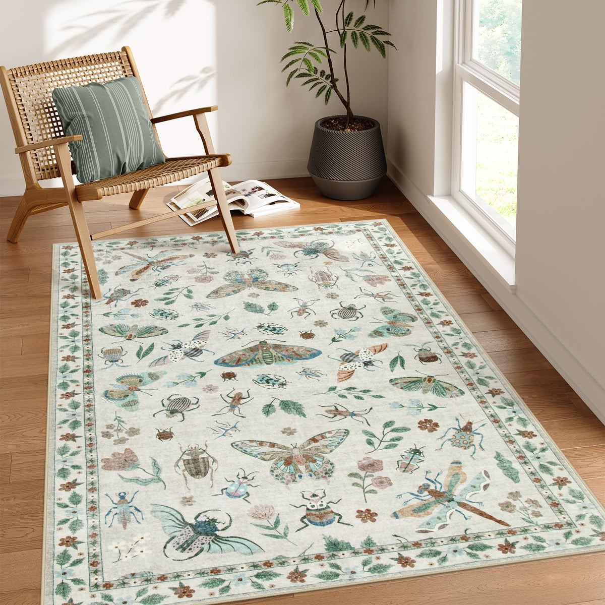 Lahome Bug Washable Area Rugs 5x7, Soft Green Rug for Living Room Bedroom