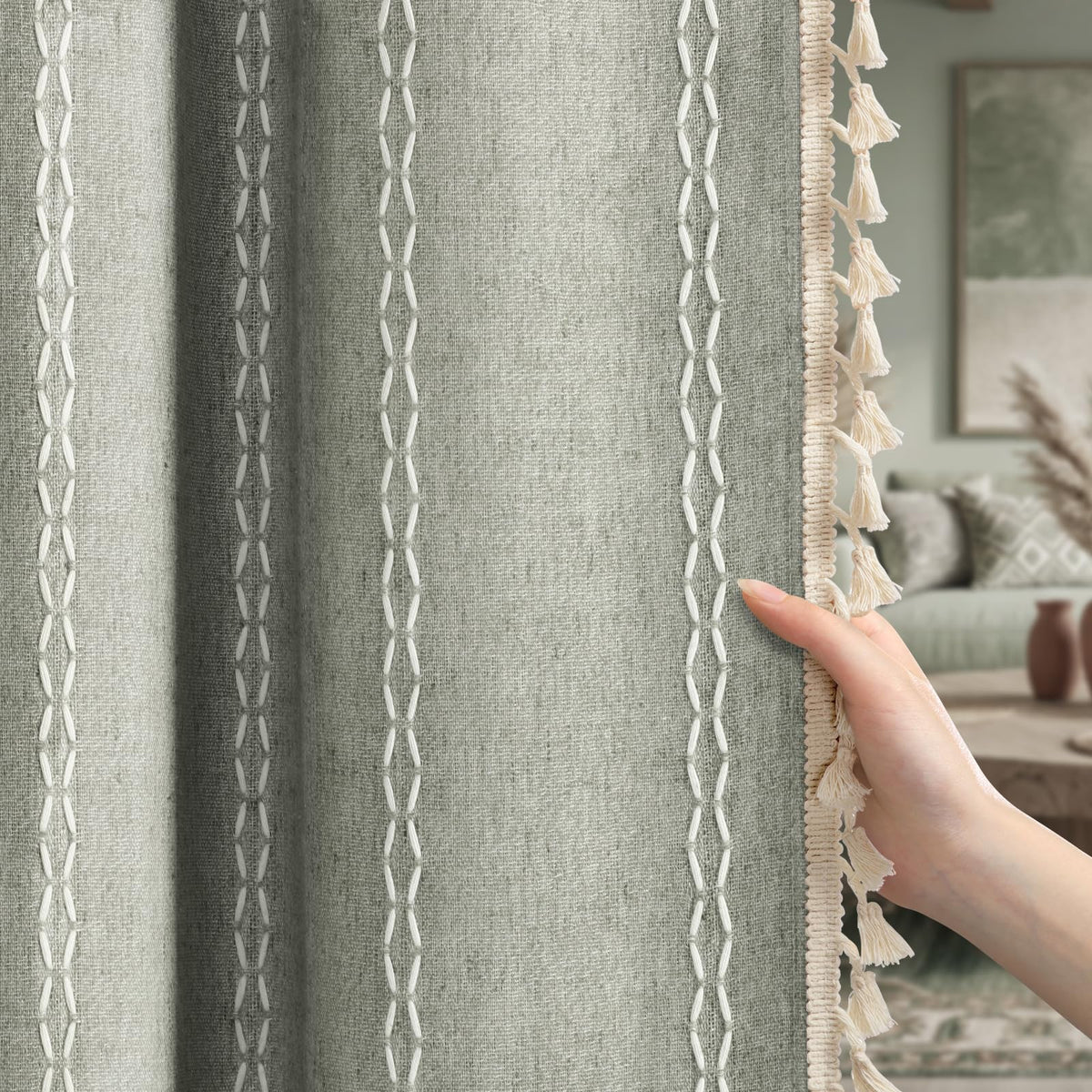 Boho 100% Blackout Curtains 84 Inch 2 Panels Linen Blend Beige