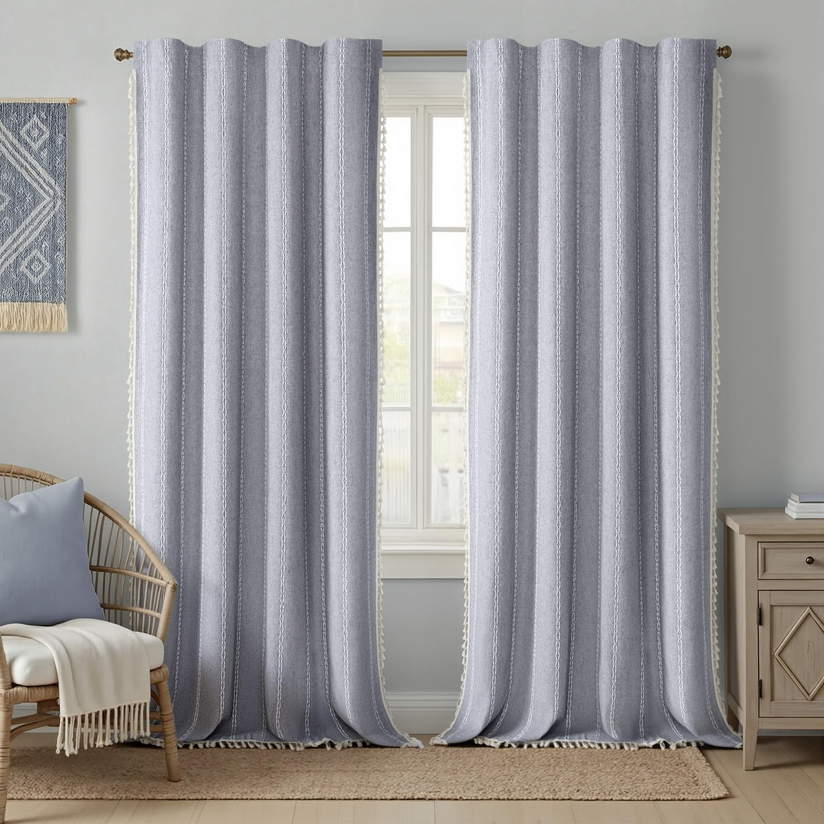 Boho 100% Blackout Curtains 84 Inch 2 Panels Linen Blend Beige