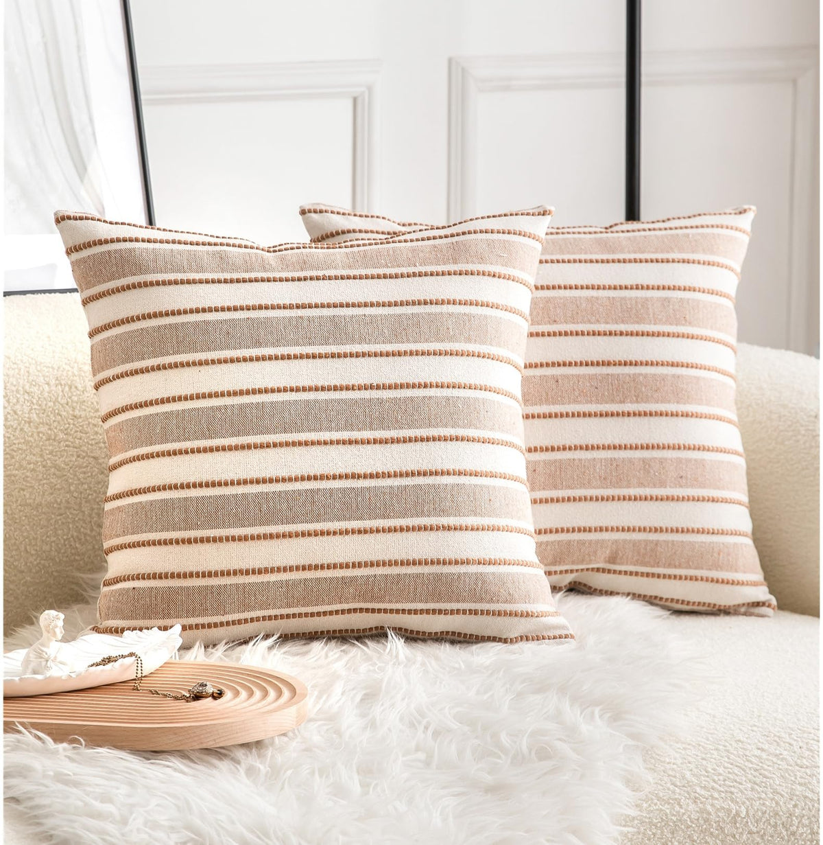 Cethom Decorative Boho Throw Pillow Covers, Farmhouse Textured Pillow Case, 18 x 18 Inch Set of 2, Chair Sofa Bedroom Living Room Home Decor Couch Cushion Case, Classic Blue and Beige Striped