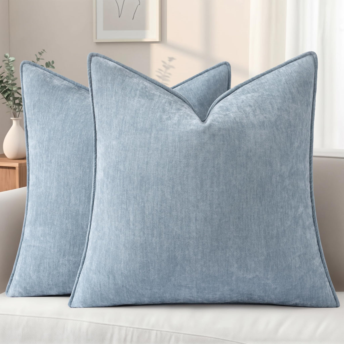 decorUhome Chenille Beige Velvet Throw Pillow Covers 18x18 Set of 2