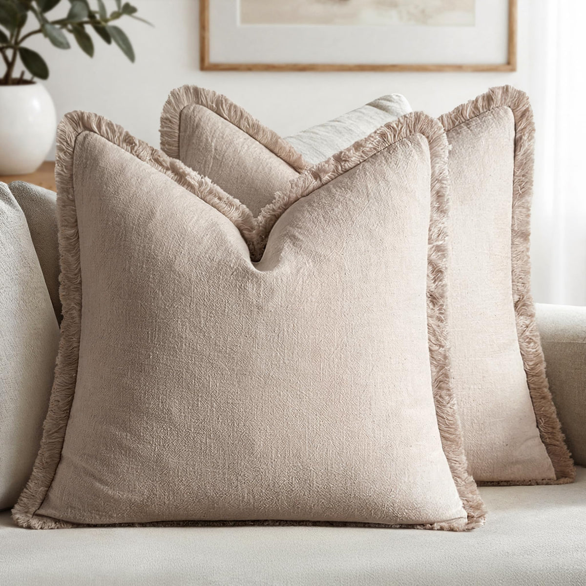 MIULEE Linen Fringe Decorative Fall Throw Pillow Covers Cocoa Brown 18x18
