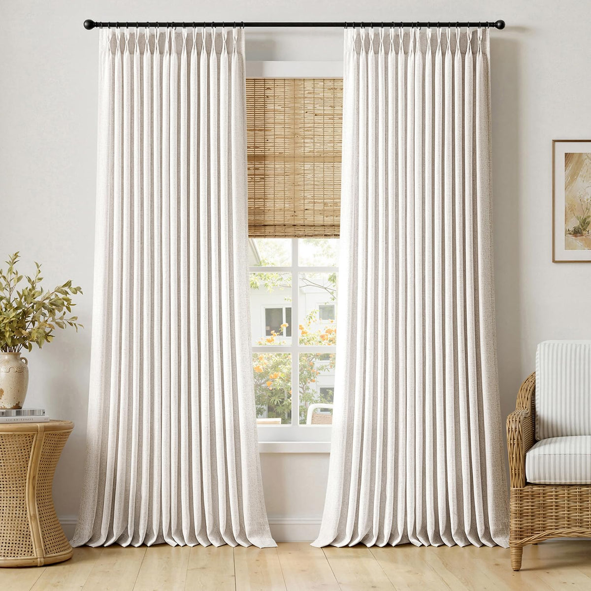 MIULEE Pinch Pleated Linen Curtains 90 Inches Long 2 Panels Natural
