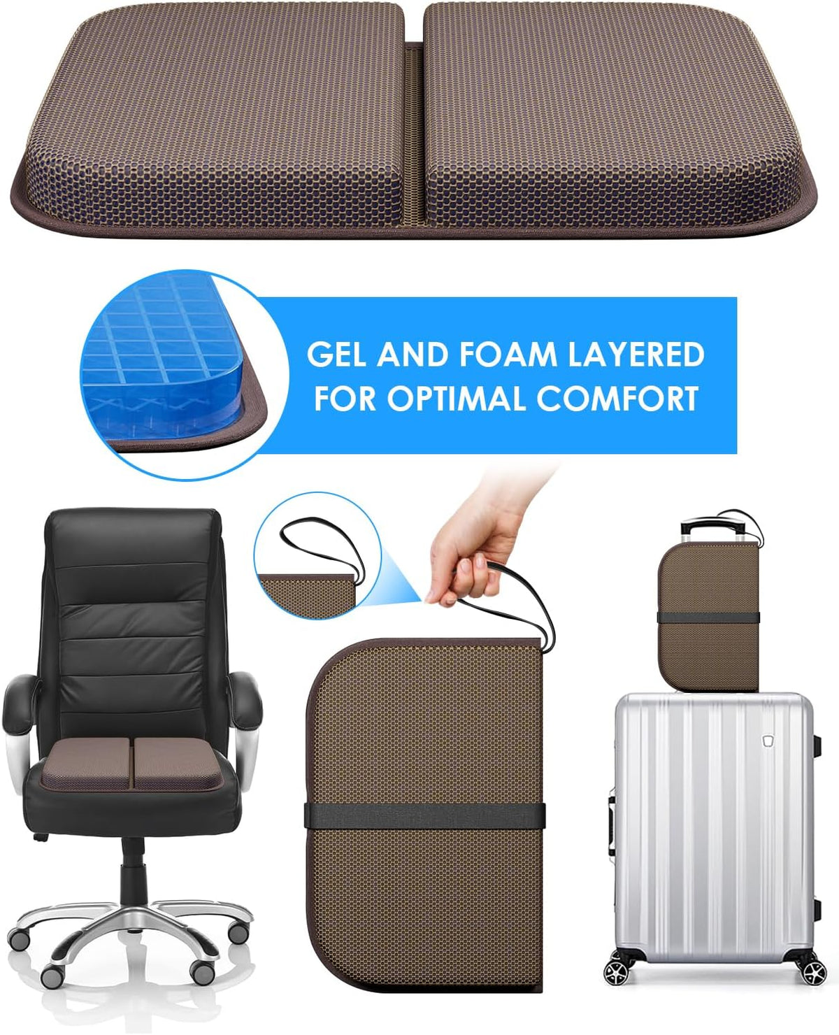 WISIMMALL Gel Seat Cushion Portable Massage Travel Cushions, 14.5" x 10.5" Thick Foldable Seat Cushion for Car Office Chair Wheelchair Hip, Coccyx, Sciatica, Pressure Sores Tailbone Pain Relief