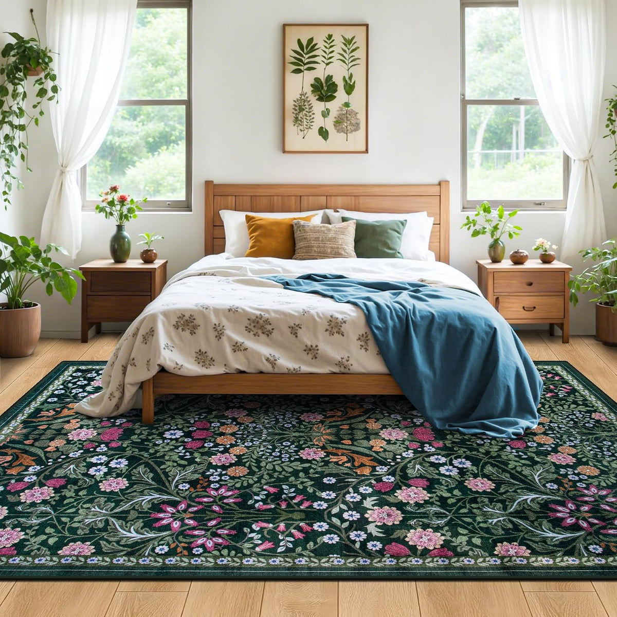 PLHXFR 8x10 Area Rug Living Room: Floral Washable Boho Carpet Dark Green