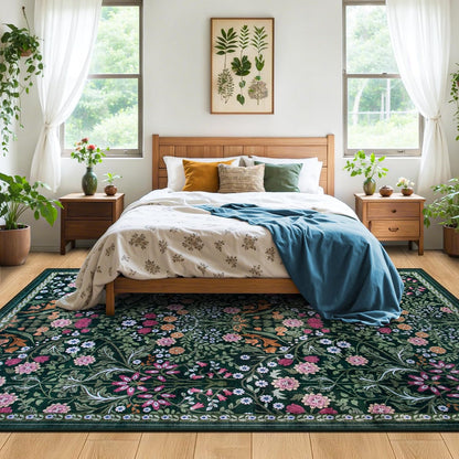 PLHXFR 8x10 Area Rug Living Room: Floral Washable Boho Carpet Dark Green