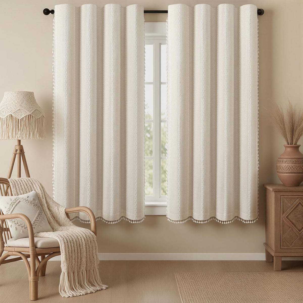 Boho 100% Blackout Curtains 84 Inch 2 Panels Linen Blend Beige