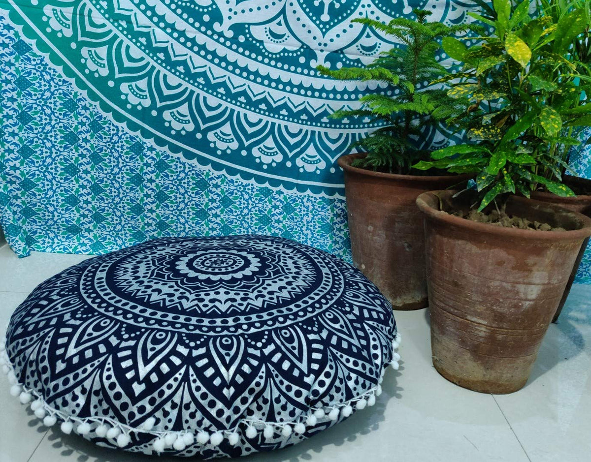 24" Black Gold Flower Mandala Barmeri Large Floor Pillow Cover Cushion Meditation Seating Ottoman Throw Cover Hippie Decorative Zipped Bohemian Pouf Ottoman Pom Pom Cases 24 " square