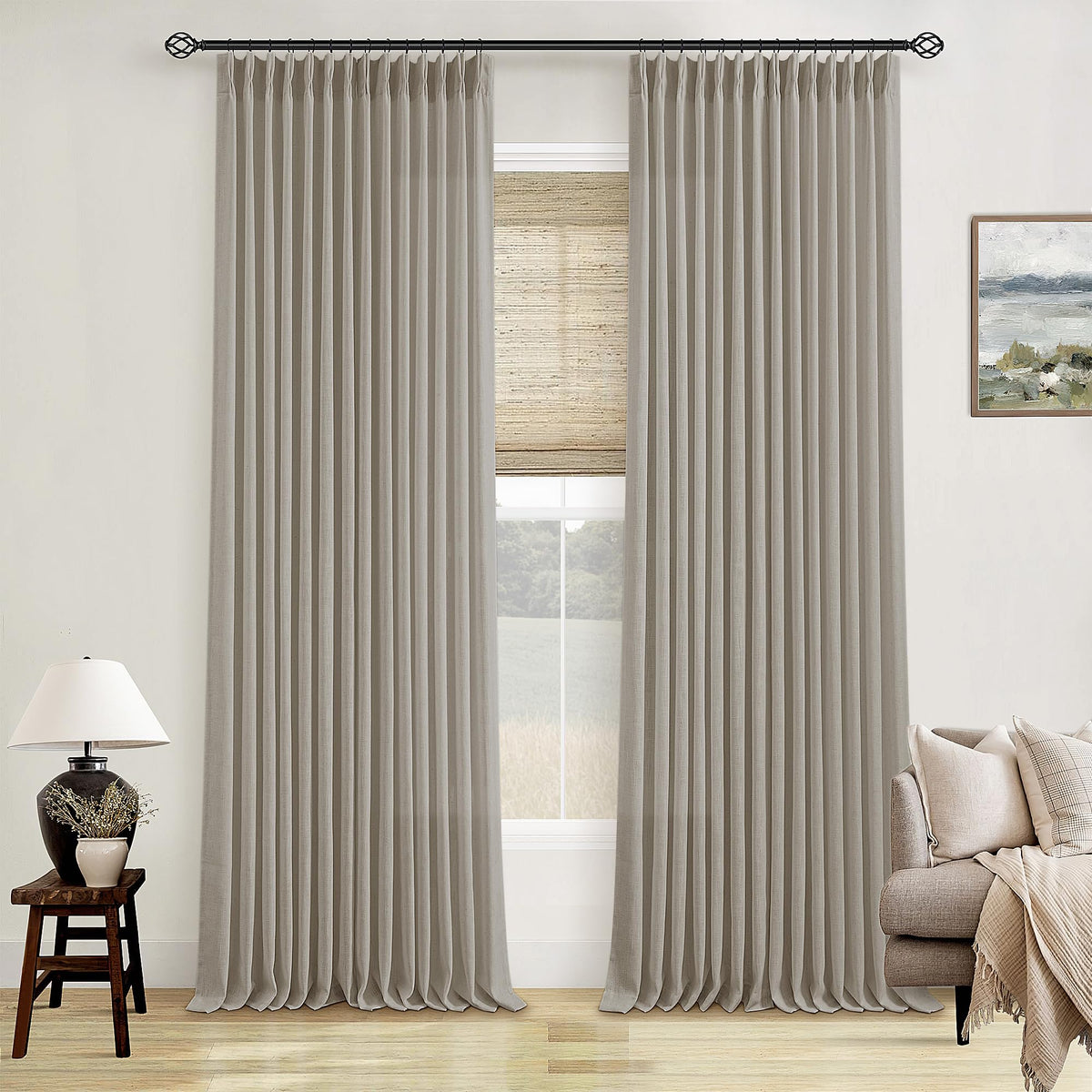 TWODRAPES Natural Pinch Pleated Linen Semi Sheer 84 Inch Curtains 2 Panels