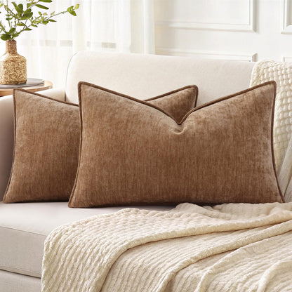 decorUhome Chenille Beige Velvet Throw Pillow Covers 18x18 Set of 2