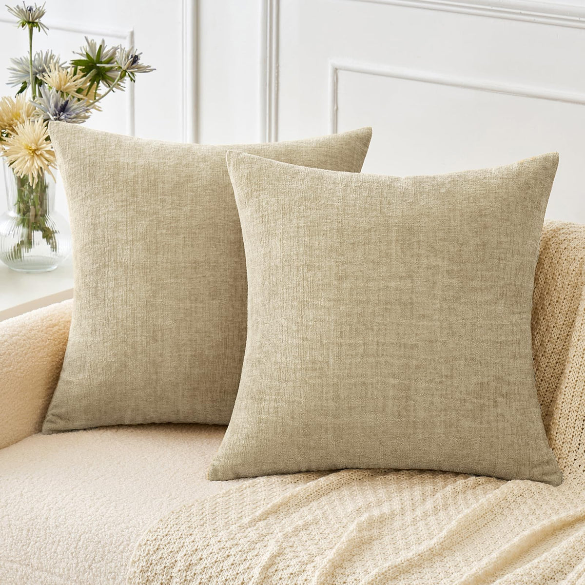 MIULEE Soft Chenille Throw Pillow Covers Sage Green 18x18 Inch Pack of 2